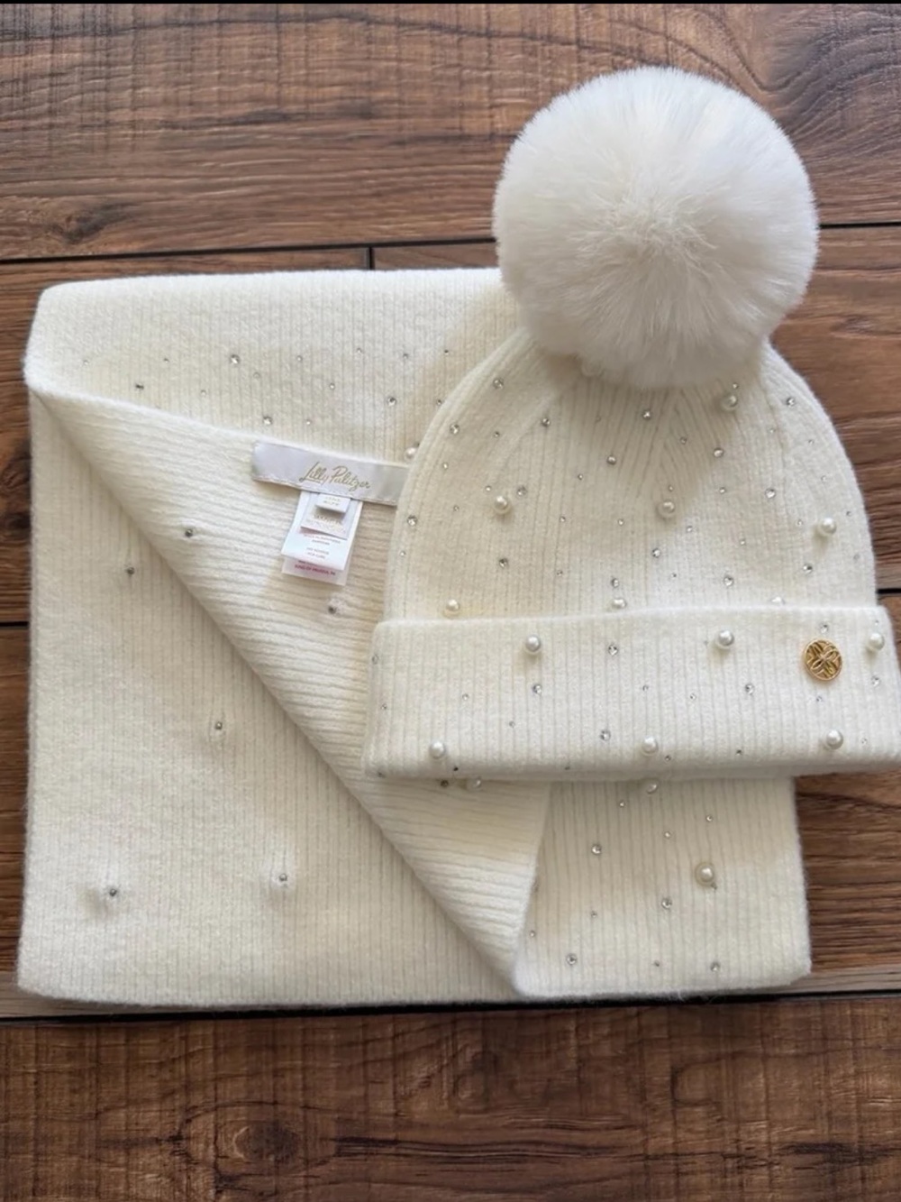 NWT Lilly Pulitzer Embellished Pom Pom Hat & Embellished Scarf